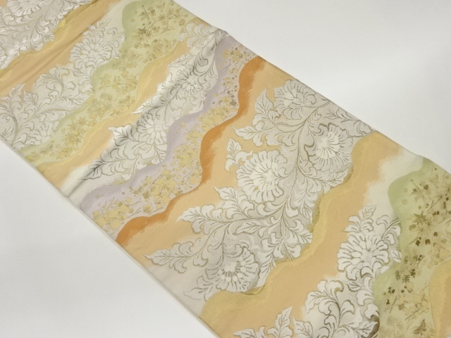 服部織物製　道長取りに花唐草・色紙散らし模様織出し袋帯